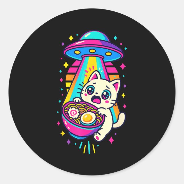Sticker Rond Funny Kawaii Cat Ramen Ufo Japanese Anime Women Gi (Devant)