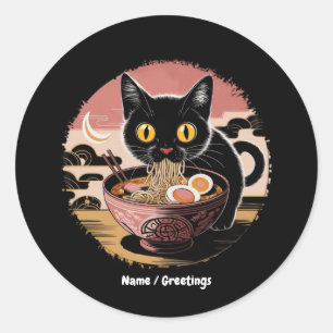 Sticker Rond Funny Kawaii Chat Manger Ramen nouilles mignonnes