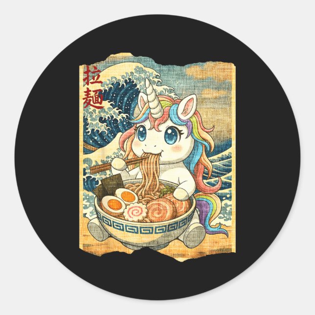 Sticker Rond Funny Kawaii Unicorn Ramen Noodle Bowl Japanese Wa (Devant)