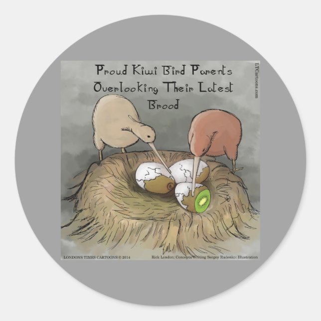 Sticker Rond Funny Kiwi Birds Tending Their Fruit (Devant)