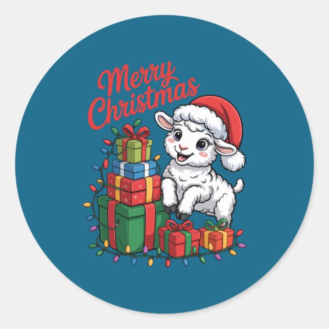 Sticker Rond Funny Lamb Santa Hat Animals Lovers Ugly Christmas (Devant)