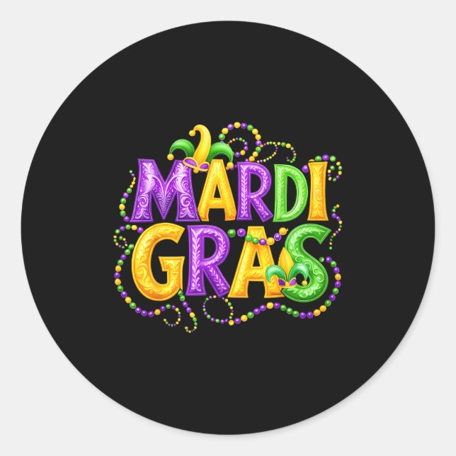 Sticker Rond Funny Mardi Gras Parade Jester Hat Beads Men Women (Devant)