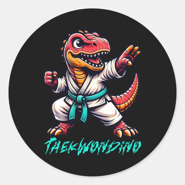 Sticker Rond Funny Martial Arts Karate Taekwondo Dino Animal Cu (Devant)