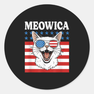 Sticker Rond Funny Meowica Chat Juillet 4 Jour de l'Indépendanc