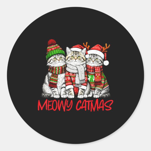Sticker Rond Funny Meowy Catmas Christmas Cats Ugly Sweater Gra (Devant)
