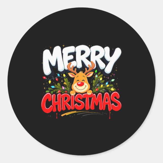 Sticker Rond Funny Merry Christmas Reindeer Xmas Family Men &am (Devant)