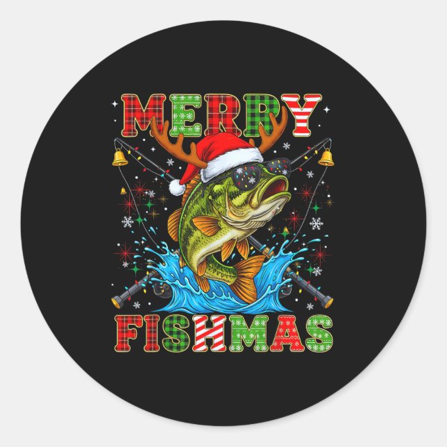 Sticker Rond Funny Merry Fishmas Christmas Fish Xmas Fishing Fo (Devant)