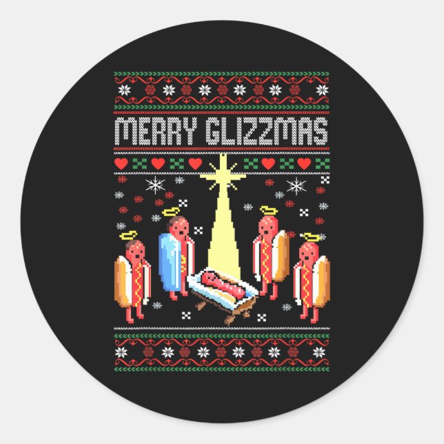 Sticker Rond Funny Merry Glizzmas Hot Dogs Family Gro Ugly Chri (Devant)