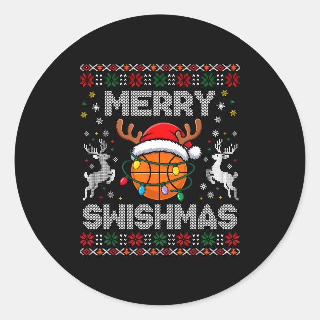 Sticker Rond Funny Merry Swishmas Basketball Christmas Reindeer (Devant)