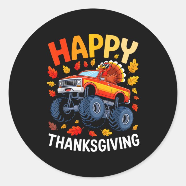 Sticker Rond Funny Monster Truck Turkey Happy Thanksgiving For  (Devant)
