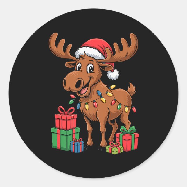 Sticker Rond Funny Moose Santa Hat Animals Lovers Ugly Christma (Devant)