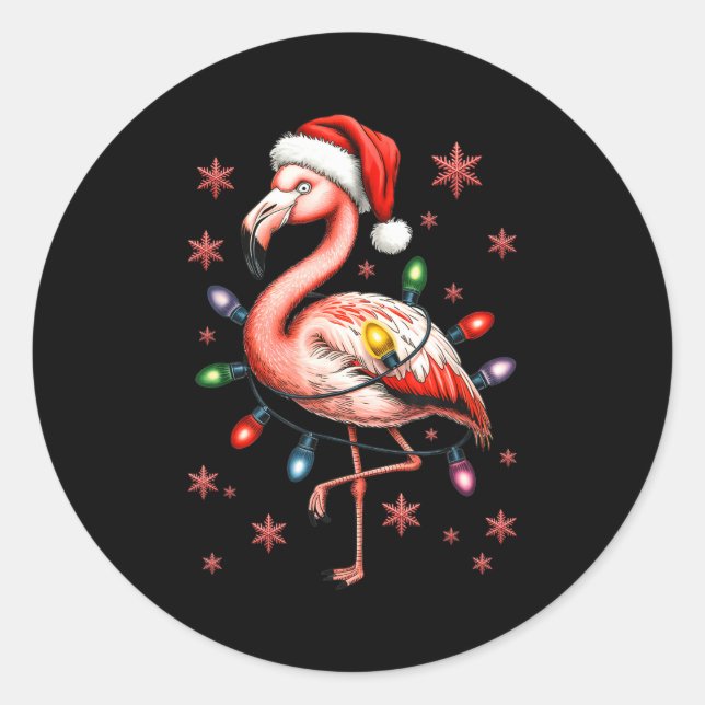 Sticker Rond Funny Nk Flamingo Christmas Tree Lights Xmas Snowf (Devant)