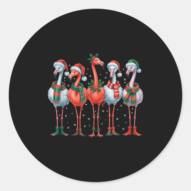 Sticker Rond Funny Nk Flamingos Merry Christmas Tree Xmas Snowf (Devant)