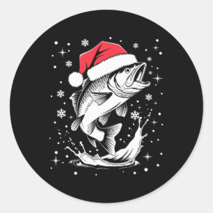 Sticker Rond Funny Noël Noël Chapeau poisson Noël Pêche