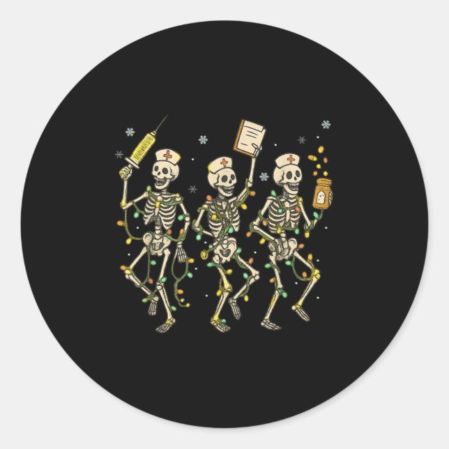 Sticker Rond Funny Nurse Skeleton Noël Light Dance Stethos (Devant)