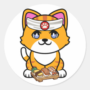 Sticker Rond Funny orange cat est un chef sushi
