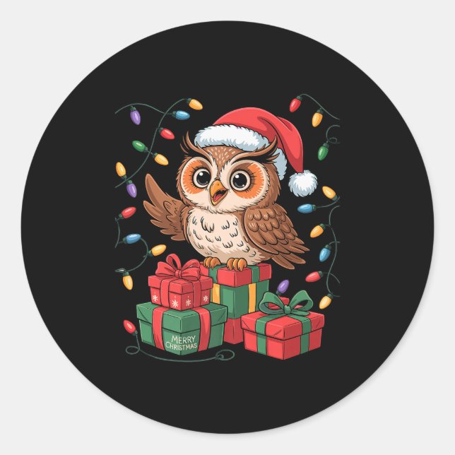 Sticker Rond Funny Owl Santa Hat Animals Lovers Ugly Christmas  (Devant)