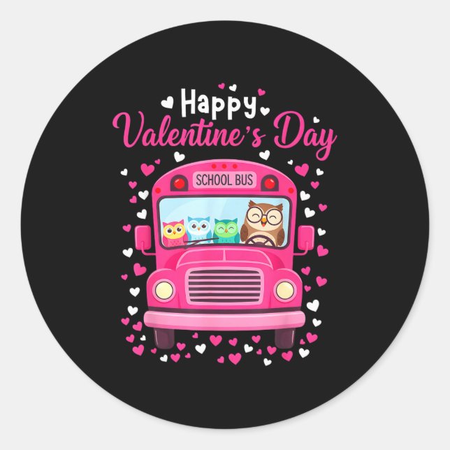 Sticker Rond Funny owls school bus driver happy valentines day (Devant)