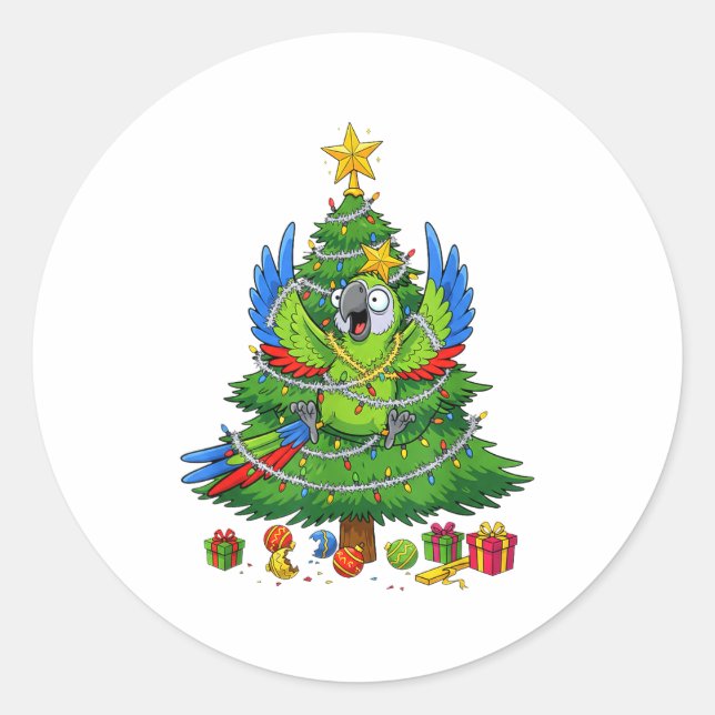 Sticker Rond Funny Parrot Christmas Tree Lights Kids Mens Women (Devant)