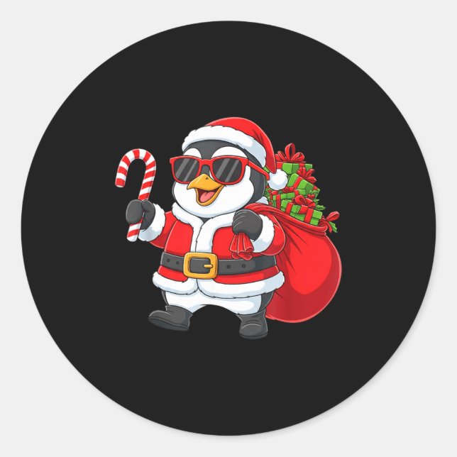 Sticker Rond Funny Penguin Christmas Santa Outfit Xmas Boys Gir (Devant)