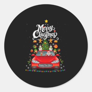 Sticker Rond Funny Père Noël Driving Wagon Red Truck Arbre de N