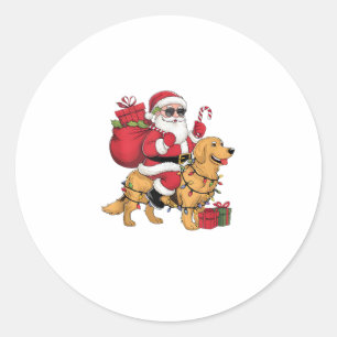 Sticker Rond Funny Père Noël équitation Golden Retriever Chien
