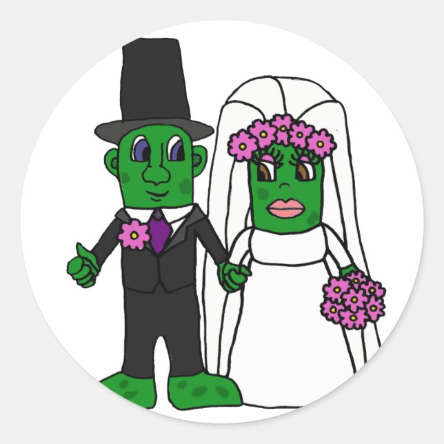 Sticker Rond Funny Pickle Bride et Groom Mariage Art (Devant)