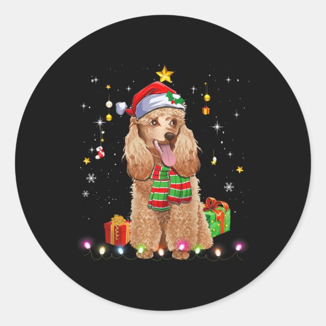 Sticker Rond Funny Poodle Chien Arbre de Noël Chandail Noël Chi (Devant)