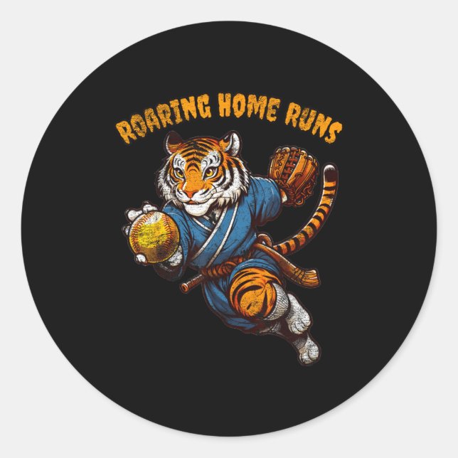 Sticker Rond Funny Quote Roaring Home Run Ball Retro Tiger Love (Devant)