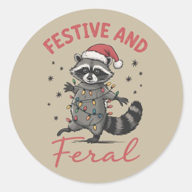 Sticker Rond Funny Raccoon Christmas Feral Meme Xmas  (Devant)