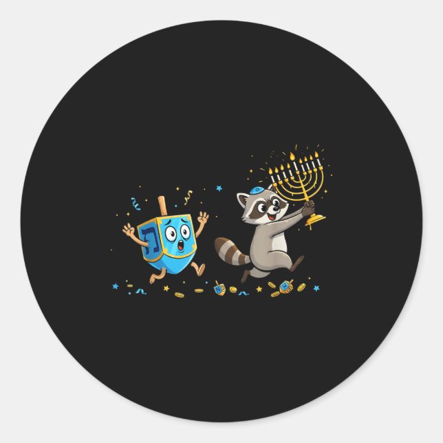 Sticker Rond Funny Raccoon Dreidel Menorah Hanukkah Kids Womens (Devant)