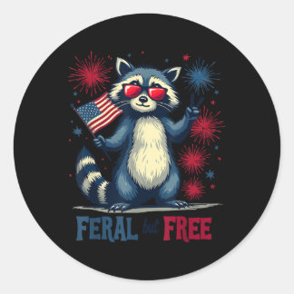 Sticker Rond Funny Raccoon Feral, mais gratuit 4 juillet patrio