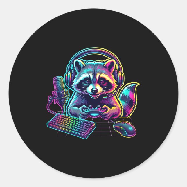 Sticker Rond Funny Raccoon Gamer Video Game Gaming Lover  (Devant)