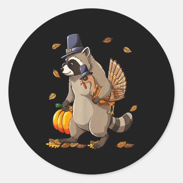 Sticker Rond Funny Raccoon Turkey Pumpkin Thanksgiving Gift Men (Devant)