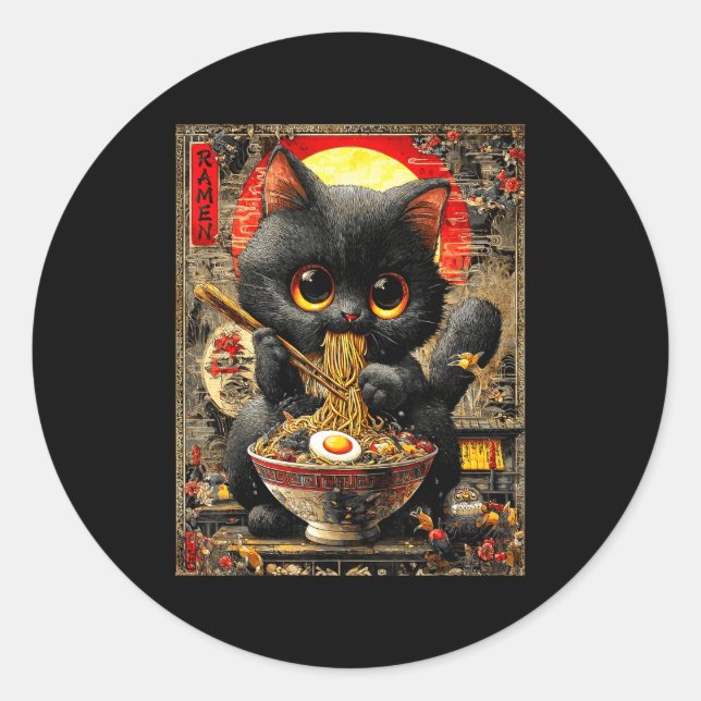 Sticker Rond Funny Ramen Cat Noodle Lovers Anime Otaku  (Devant)