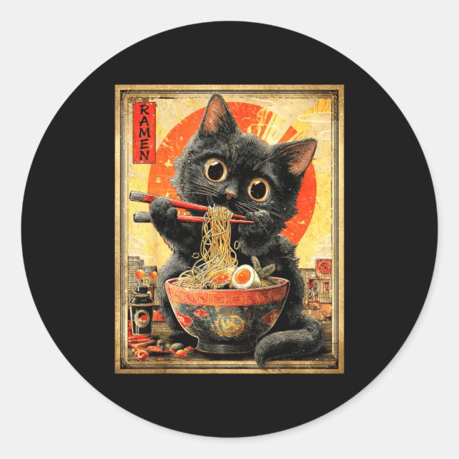Sticker Rond Funny Ramen Cat Noodle Lovers Anime Otaku  (Devant)