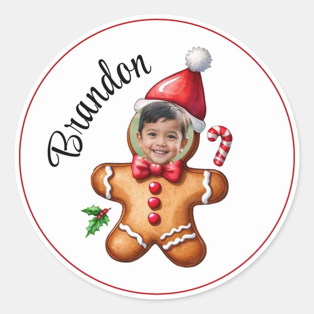 Sticker Rond Funny Red & White Gingerbread Man Face Photo (Devant)
