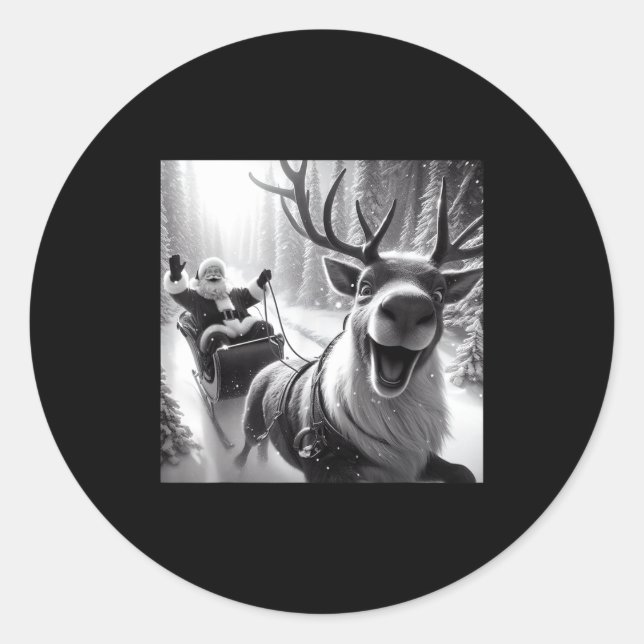 Sticker Rond Funny Reindeer Selfie Santa Christmas Shirts Men W (Devant)