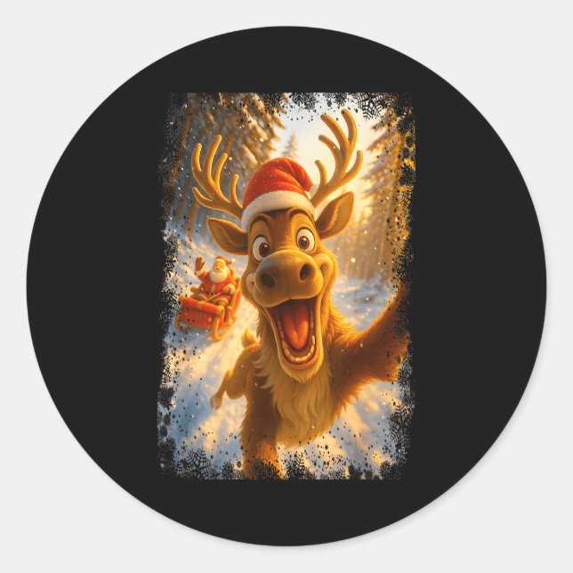Sticker Rond Funny Reindeer Selfie Santa Merry Christmas Men Wo (Devant)