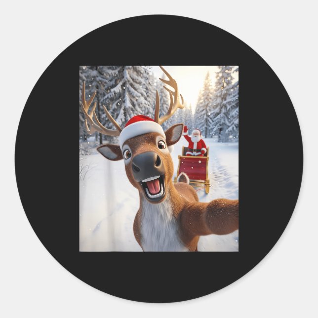 Sticker Rond Funny Reindeer Selfie Santa Merry Christmas Men Wo (Devant)