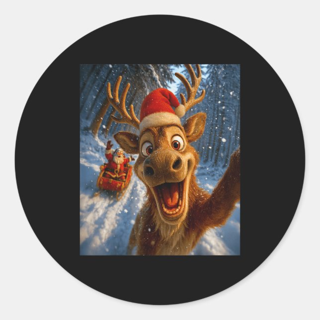 Sticker Rond Funny Reindeer Selfie Santa Merry Christmas Men Wo (Devant)