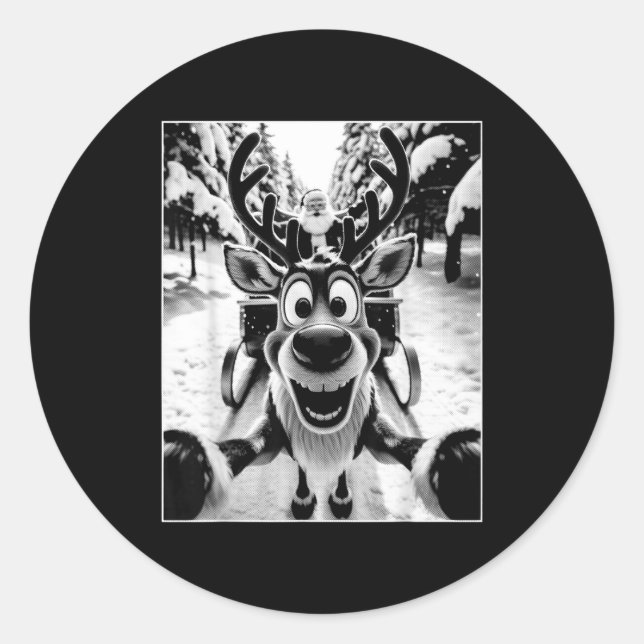 Sticker Rond Funny Reindeer Selfie Santa Sleigh Christmas Holid (Devant)