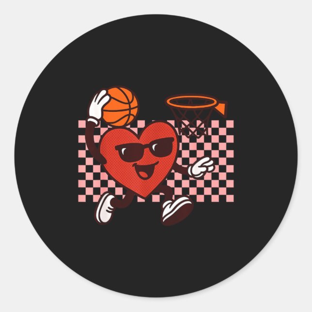 Sticker Rond Funny Retro Heart Graphic Basketball Player Kids V (Devant)