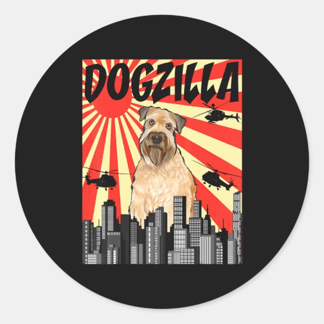 Sticker Rond Funny Retro Japanese Dogzilla Soft Coated Wheaten  (Devant)