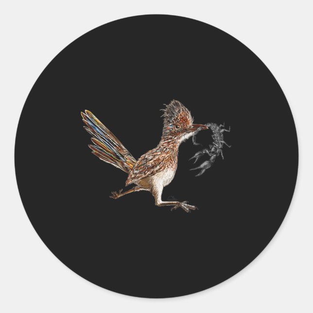 Sticker Rond Funny Roadrunner Scorpion Road Runner Bird Hunter (Devant)