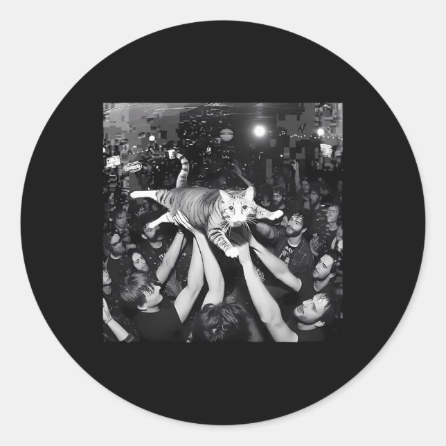 Sticker Rond Funny Rock Show Cat Meme Cute Tabby Kitten Crowd S (Devant)