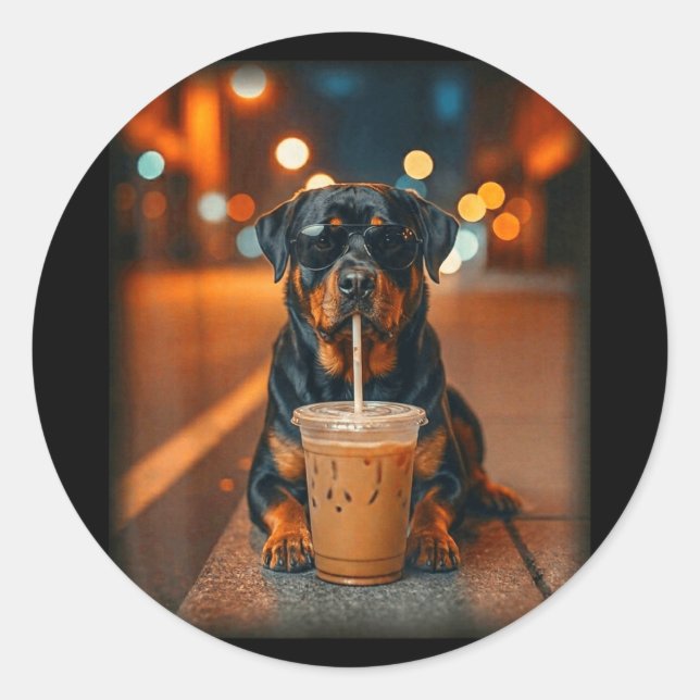Sticker Rond Funny rottweiler drinking iced coffee lover dog (Devant)