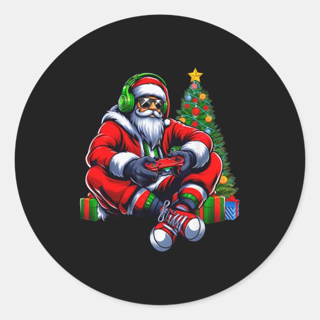 Sticker Rond Funny Santa Christmas Gamer Controller Xmas Gaming (Devant)