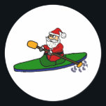 Sticker Rond Funny Santa Claus Kayaking Christmas Cartoon<br><div class="desc">Cool fun cute Santa Claus in Kayak Christmas design is popular with kayakers and Santa Claus lovers and nature lovers during Christmas holidays.</div>