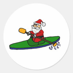 Sticker Rond Funny Santa Claus Kayaking Christmas Cartoon